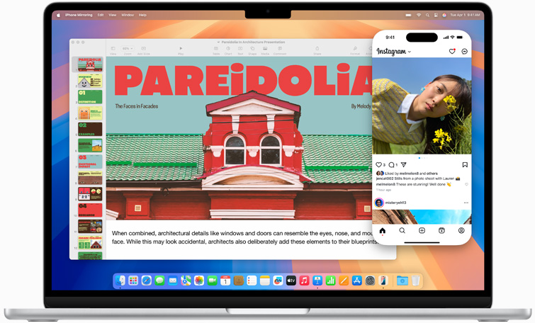 MacBook Air ekranında yer alan iPhone ekranıyla iPhone Yansıtma özelliği gösteriliyor