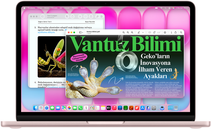 MacBook Neo, pastel pembe renk, ekranda biyomimetik üzerine bir makale ve benzer bir konuda bir sınav gösteriliyor