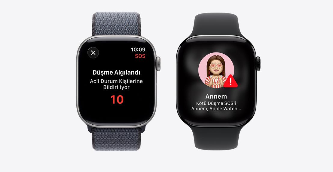 Apple Watch Series 11, Düşme Algılama bildirimi, Acil Arama düğmesi, ikincisinde “Anne”nin sert bir şekilde düştüğüne ve acil servisin arandığına ilişkin bir bildirim ekranı gösteriliyor