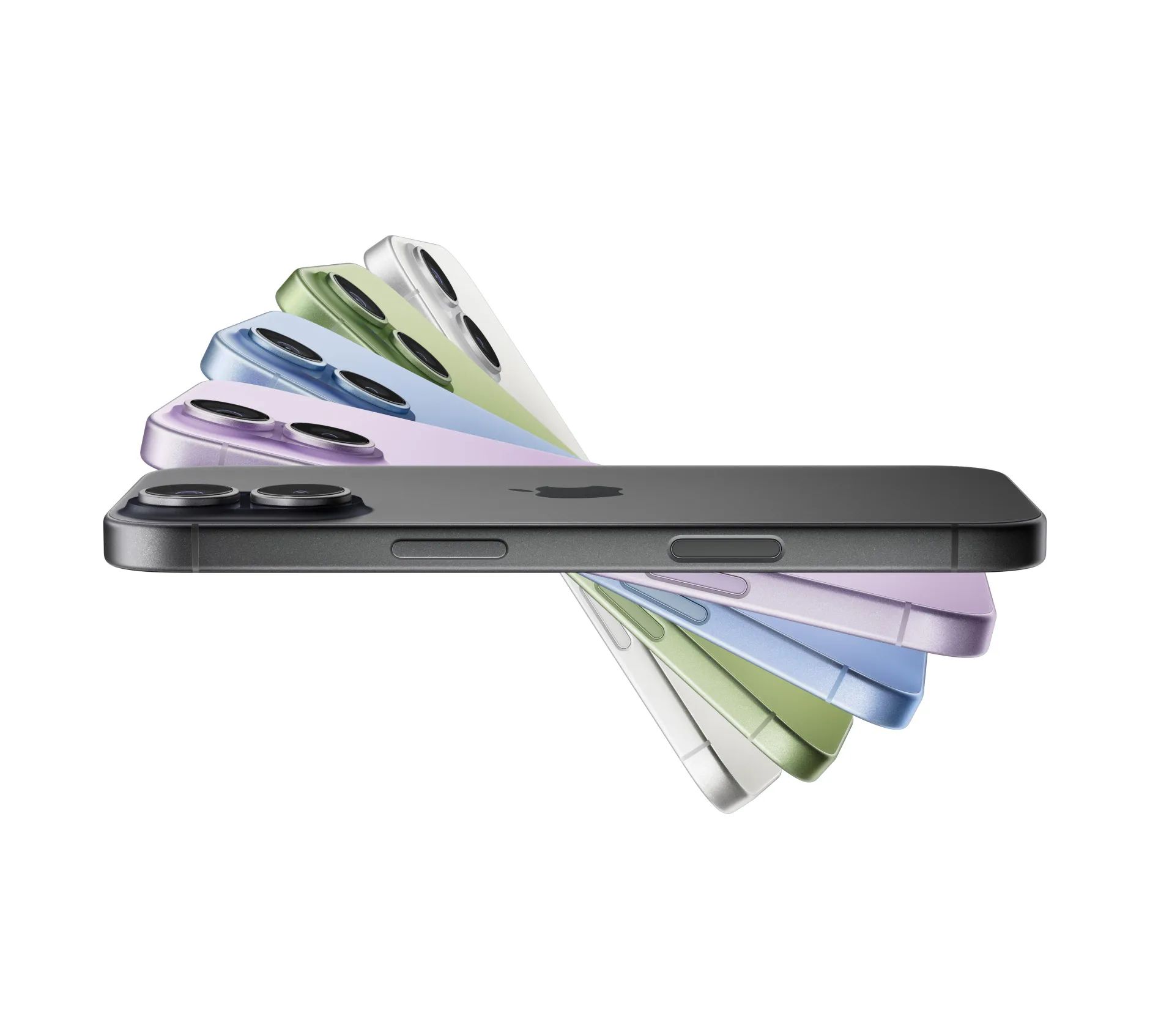 多部 iPhone 17 裝置排成扇形，顏色分別為黑色、薰衣草紫色、霧藍色、鼠尾草綠色和白色