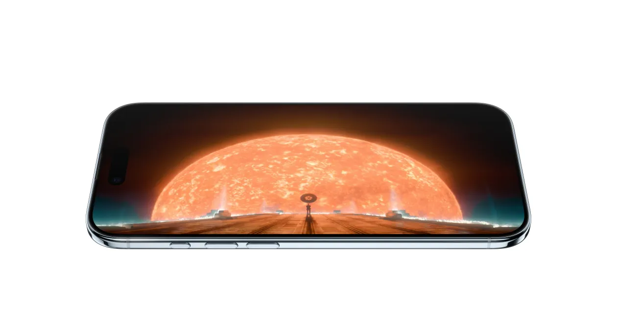iPhone Air 機身正面側斜，螢幕上展示 Apple TV+ 影集《基地》的靜態場景畫面