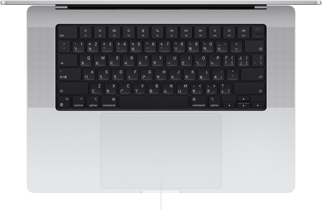 打開的 MacBook Pro 16 吋俯視圖,展示位於鍵盤下方的力度觸控板。