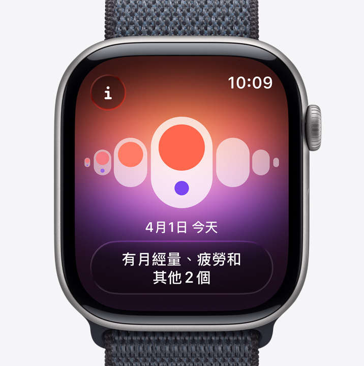 Apple Watch Series 11，展示太空灰色鋁金屬錶殼、數位錶冠，搭配深灰色運動型錶環，螢幕顯示來自健康 app 中經期追蹤功能的排卵日預測通知
