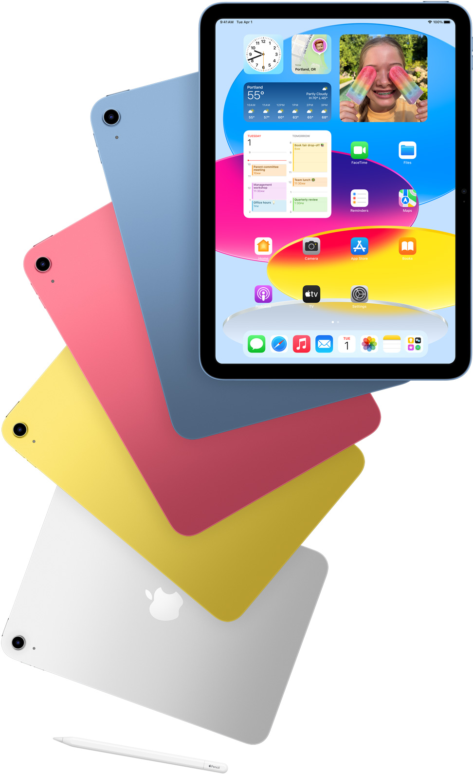 Вид спереду на iPad із відкритим головним екраном і пристрої iPad синього, рожевого, жовтого та сріблястого кольорів. Apple Pencil поруч із розташованими каскадом моделями iPad.