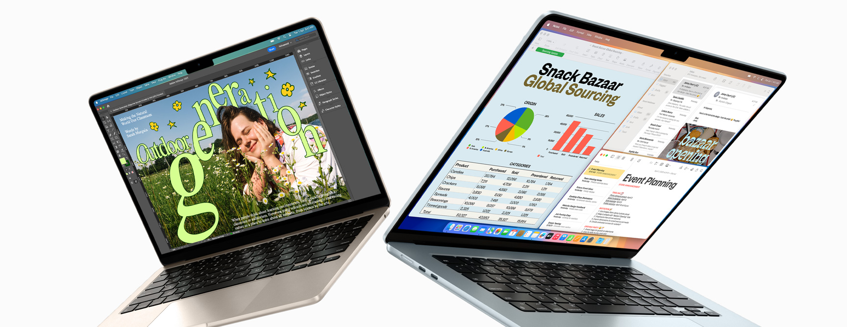 Прочинені MacBook Air 13 і 15 дюймів: на одному екрані відображається процес роботи над дизайном, на іншому — багатозадачність з електронною поштою та таблицями
