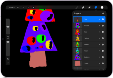 An iPad mini showing a purple abstract Christmas tree in Procreate