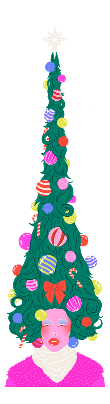 A tree that celebrates the campness of Christmas, doubling up as a drag queen wearing a quite extaordinary star-topped hat.