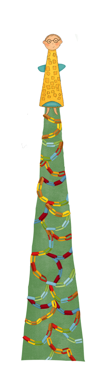 A green, triangular tree with paper chains and an angel wearing glasses sitting on top.