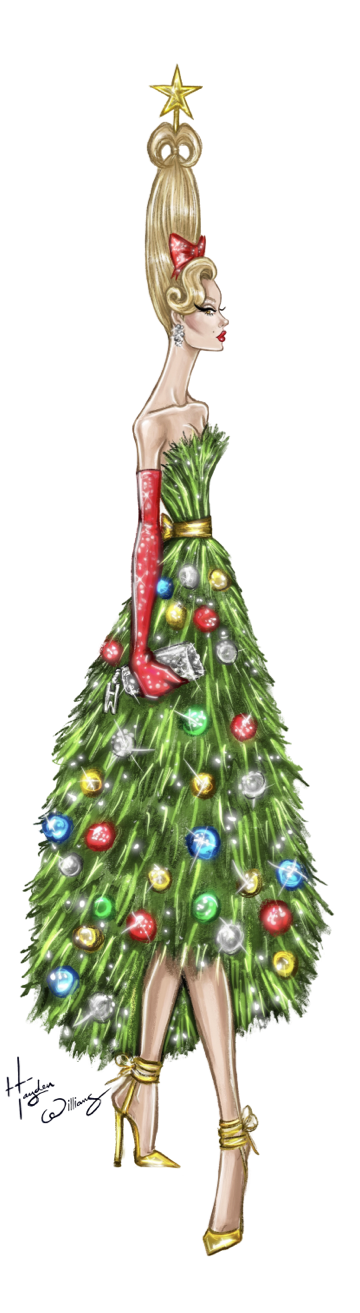 A twinkly tree with multicoloured baubles, worn as an evening gown by an elegant woman in long red gloves.