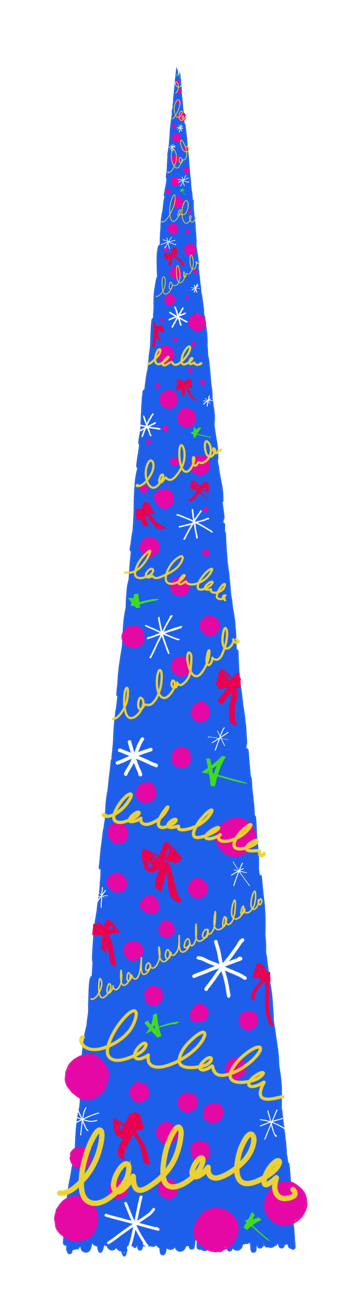 A bright blue tree decked out with red baubles, white stars and tinsel that spells out 'la la la'.