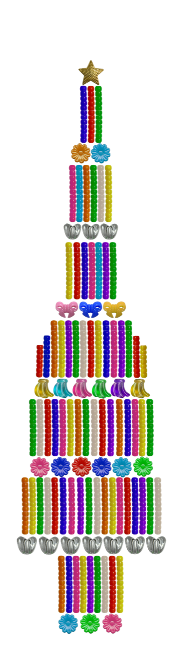 A candelabra-style tree composed of multiple lines, beads and symbols in an array of bright colours.