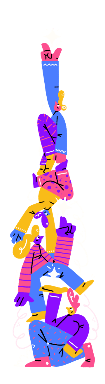 A pink, purple and yellow tree formed of bendy figures piling up in a human pyramid, with a white star twinkling on top.