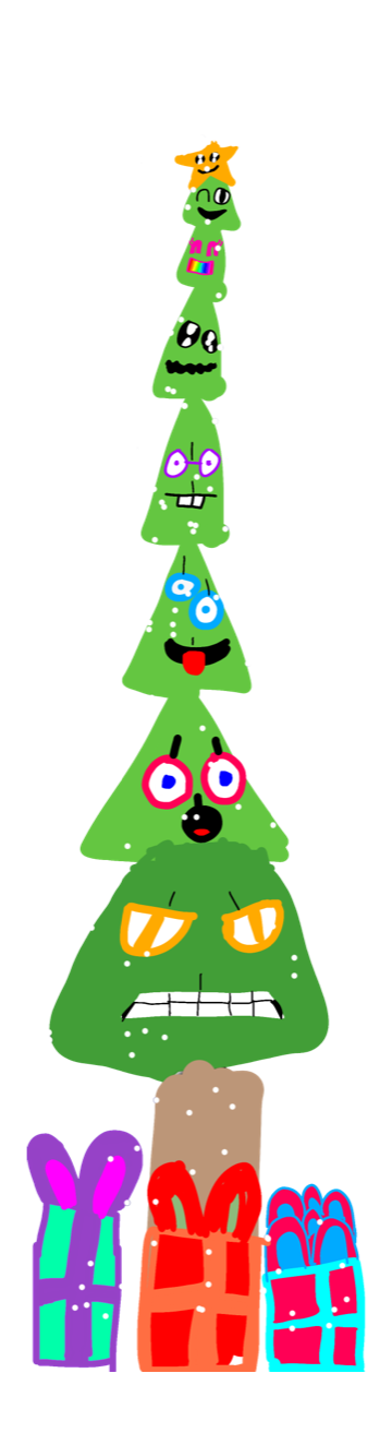 Different triangular faces stacked on top of one another to form an expressive tree, with a long narrow trunk.