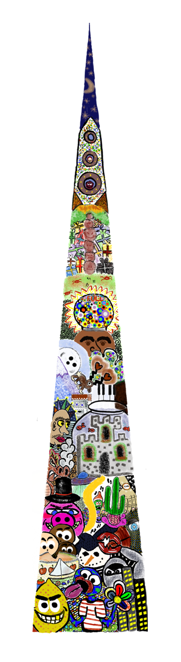 A busy, bold tree formed of different characters, a castle, a cactus, and much more.