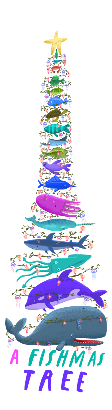 An ocean-themed tree formed of multiple layers of different sea creatures.