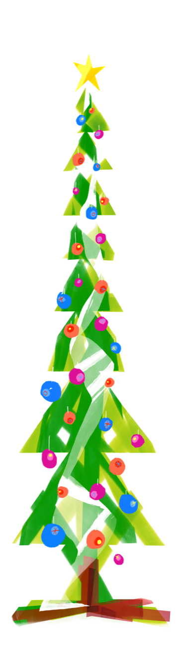 A striking tree with triangular tiers, decisive brushstrokes, bright baubles and a yellow star.