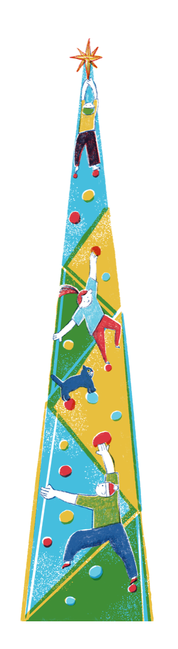 A colourful geometric tree that doubles up as a climbing wall, complete with three climbers and an unexpected cat.