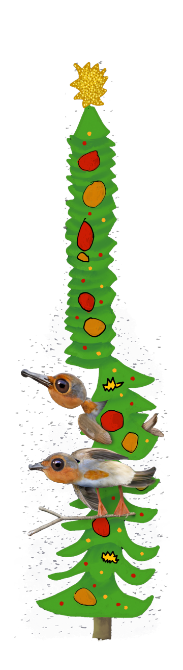 A tall, tiered tree with red and orange baubles, and two birds nestled in its branches.