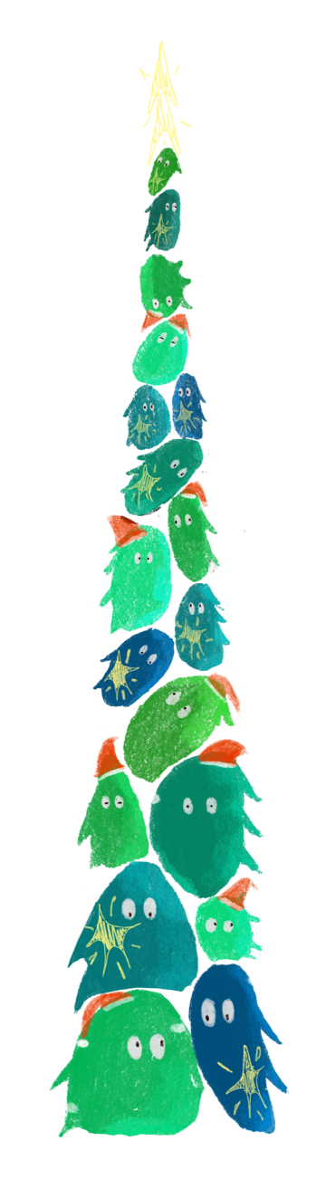 A tree composed of fuzzy green minions in red Christmas hats.
