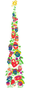 A tree made up of multicoloured baubles, each with a face and its own distinct character.