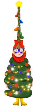 A tree composed of a smiling figure wrapped in Christmas lights, wearing a red bow and scarf and bright yellow boots.