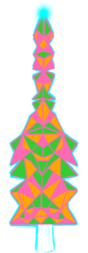 A vibrant tree composed of bright green, pink, orange and blue geometric shapes.