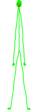A tall stick figure tree with a smiley green dot for a head.