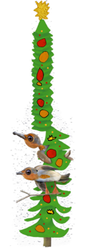A tall, tiered tree with red and orange baubles, and two birds nestled in its branches.