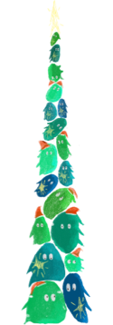 A tree composed of fuzzy green minions in red Christmas hats.