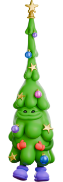 A cute, blobby green tree with purple feet, red mittened hands and a gold star on top.