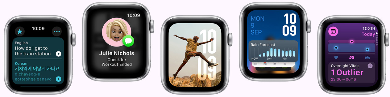 Five Apple Watch devices showing screens including Translate app, Check in app, Photos face, Modular watch face and Vitals app