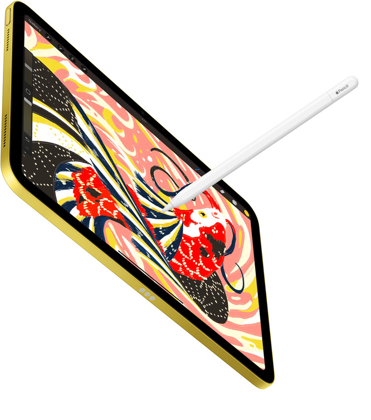 iPad displaying a colourful illustration of a fish on the Procreate app, Apple Pencil drawing on iPad