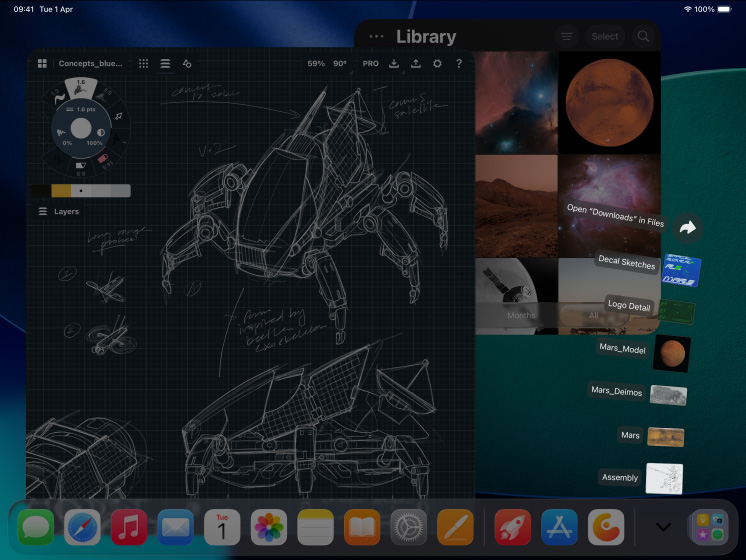 3 iPad Pro devices, front exterior, landscape orientation, space black, Apple Pencil Pro atop iPad Pro, 3 displays showing photo editing apps with open projects of a model on a red background, sketches of mechanical designs with colour adjustment tools, photo library, downloads folder files fanned out, 3D modelling software with geometric shapes and handwritten annotations and formulas