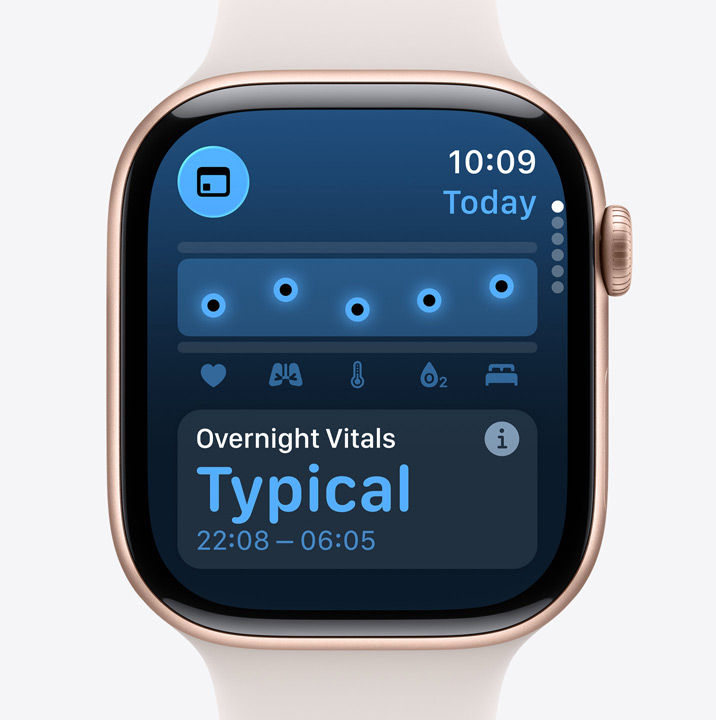 Apple Watch Series 11, aluminium case, rose gold colour, Vitals app, health score chart, overnight vitals notification