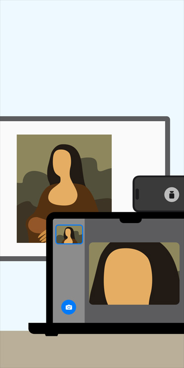 Animowana ilustracja przedstawiająca apkę Lupa na MacBooku, powiększającą obraz Mona Lisy wyświetlany na tablicy w klasie