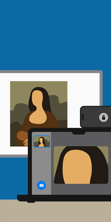Animowana ilustracja przedstawiająca apkę Lupa na MacBooku, powiększającą obraz Mona Lisy wyświetlany na tablicy w klasie