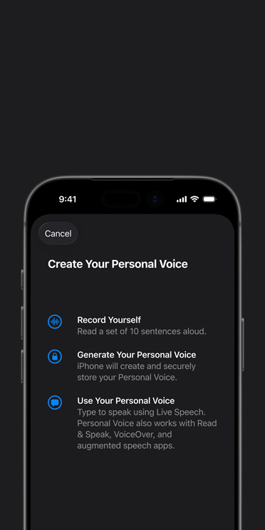 Ekran iPhone’a 17 Pro z widoczną funkcją Głosu indywidualnego i instrukcjami dotyczącymi tworzenia Głosu indywidualnego