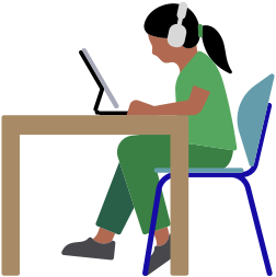 Seorang perempuan sedang duduk sambil memakai AirPods Max dan menggunakan iPad