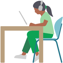 Seorang perempuan sedang duduk sambil memakai AirPods Max dan menggunakan iPad.