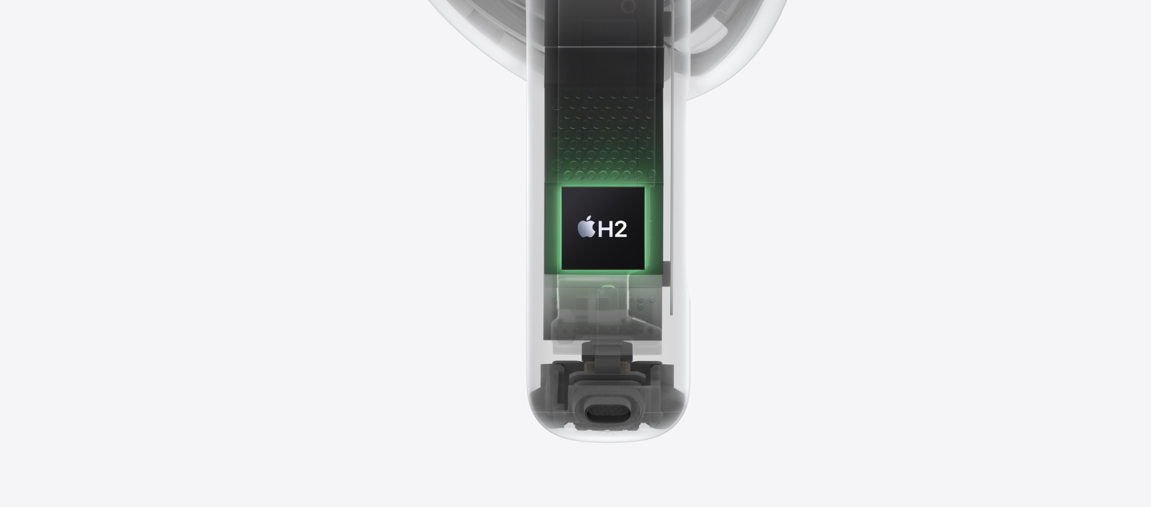 Čip H2 zvýrazněný uvnitř stopky AirPodů 4.