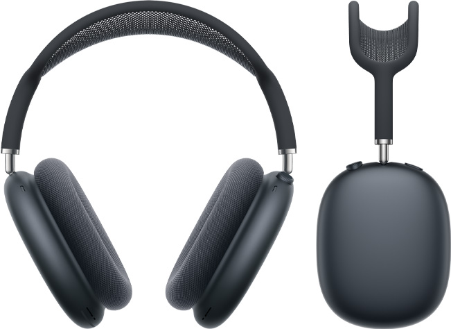 Vista frontal y lateral de los AirPods Max en color medianoche