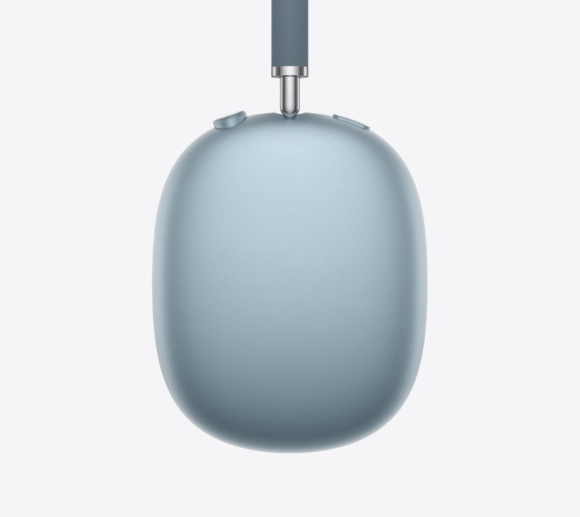 AirPods Max 2 headphones, side exterior, blue colour, detail of telescoping arm, ear cushion, Digital Crown and noise control button