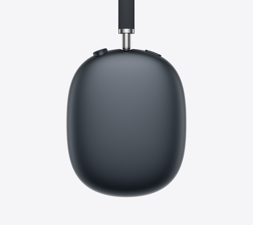 AirPods Max 2 headphones, side exterior, midnight colour, detail of telescoping arm, ear cushion, Digital Crown and noise control button