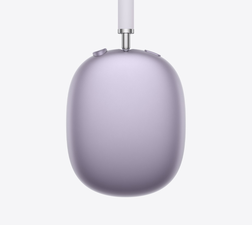 AirPods Max 2 headphones, side exterior, purple colour, detail of telescoping arm, ear cushion, Digital Crown and noise control button