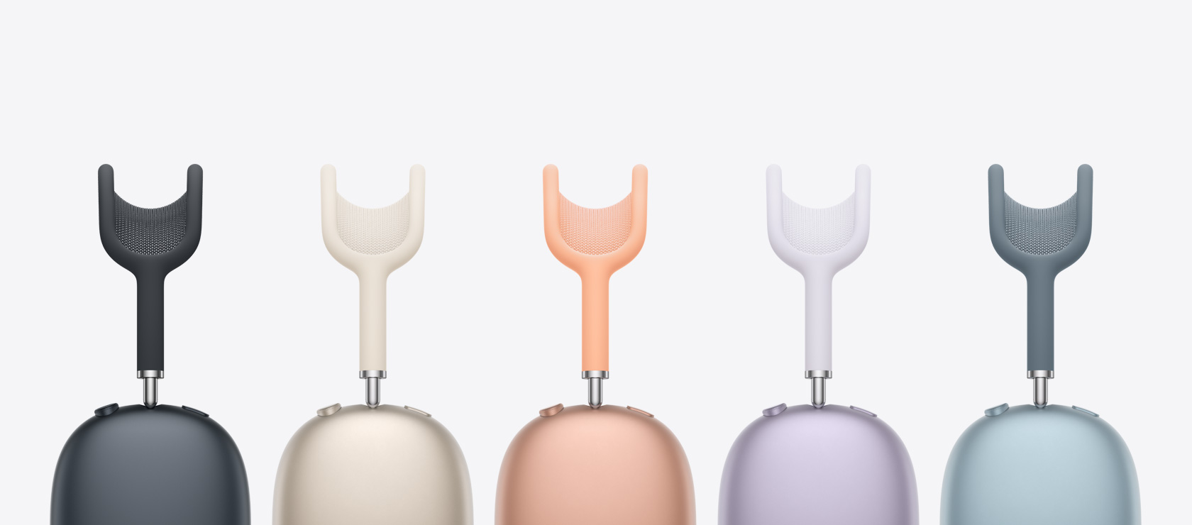 Several pairs of AirPods Max 2 headphones, side exterior, to show multiple colours available