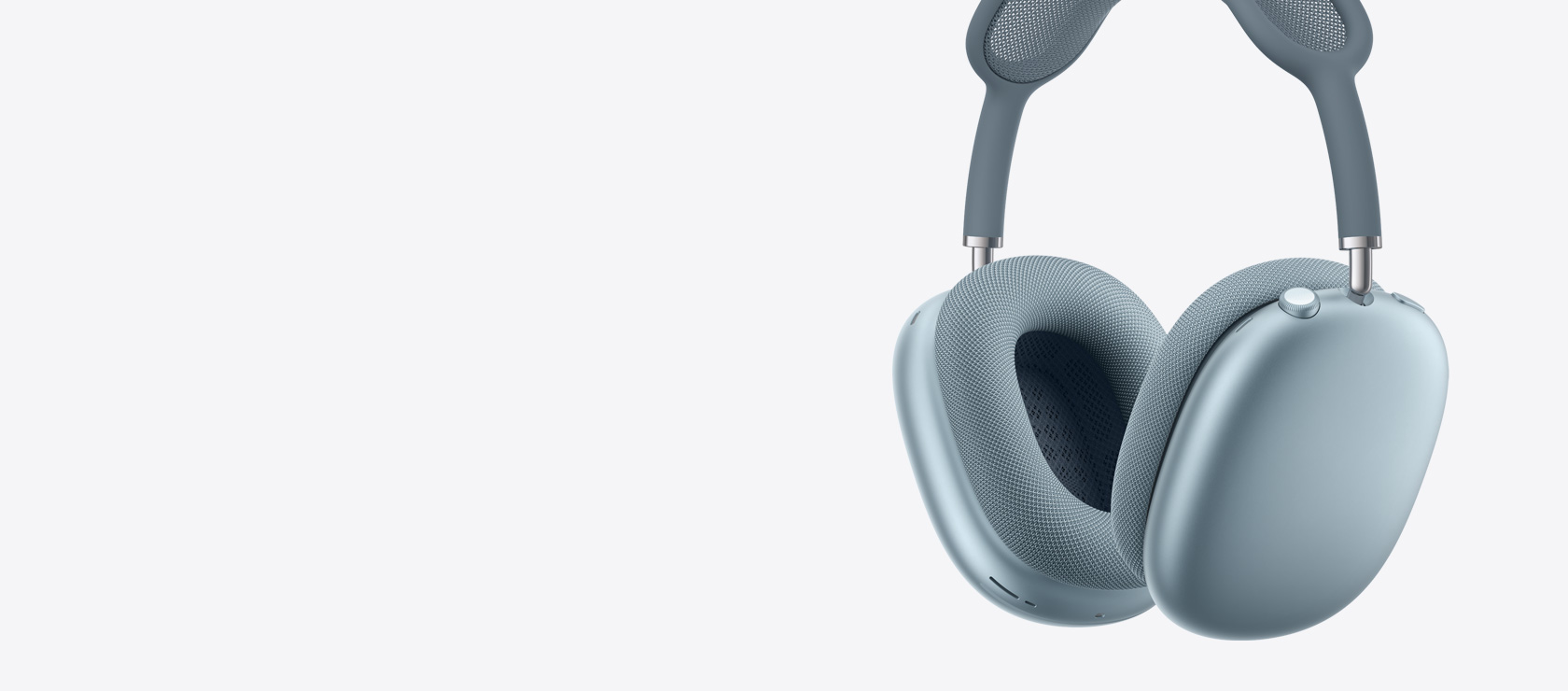 AirPods Max 2 headphones, side exterior, blue colour, inside and outside of ear cushions, Digital Crown