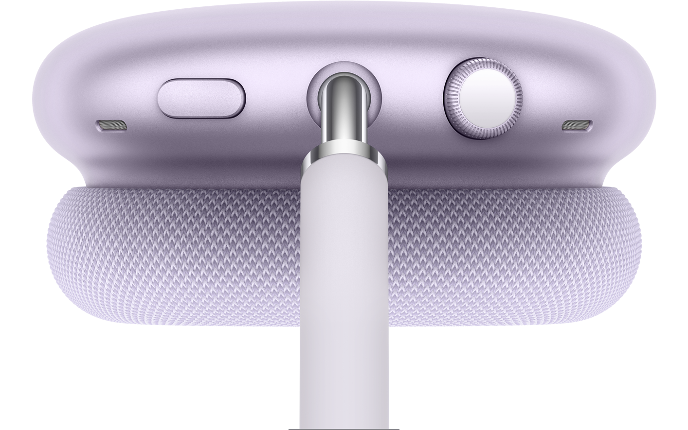 AirPods Max 2 headphones in purple colour, top exterior, detail of noise control button and Transparency mode