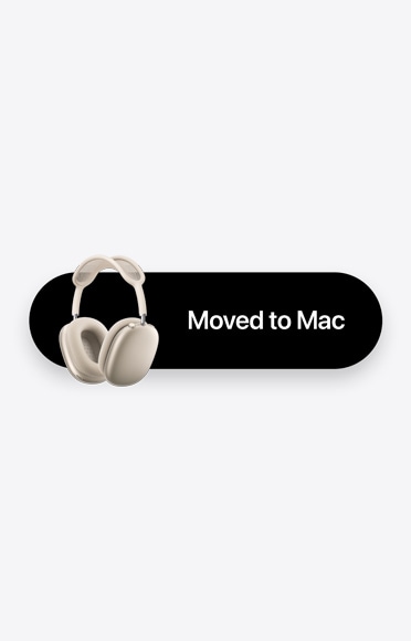 AirPods Max 2 in starlight colour and words Moved to Mac, representing Automatic Switching
