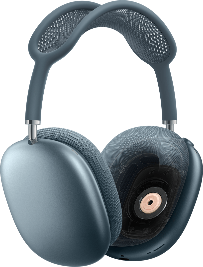 AirPods Max 2 headphones in blue colour, side exterior, one ear cushion with cross-section of dynamic driver technology inside