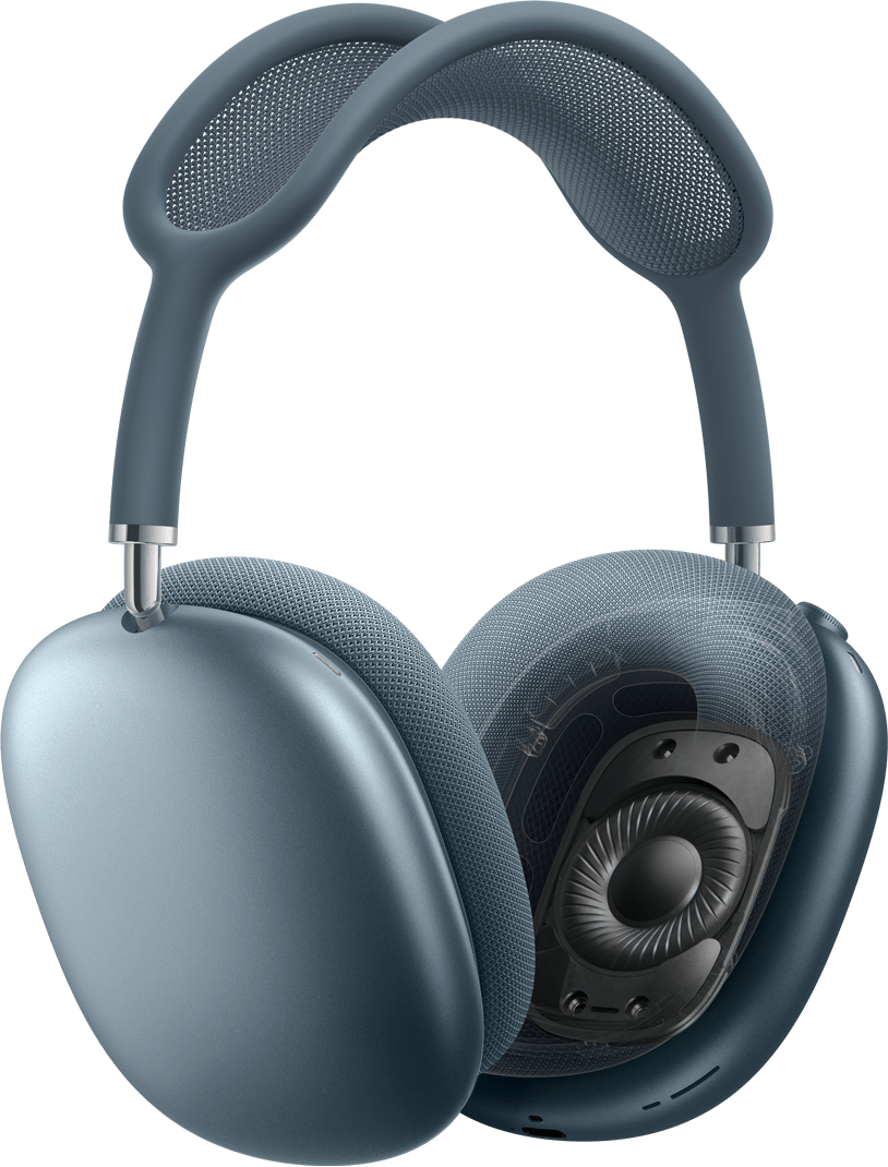 AirPods Max 2 headphones in blue colour, side exterior, one ear cushion with cross-section of dynamic driver technology inside